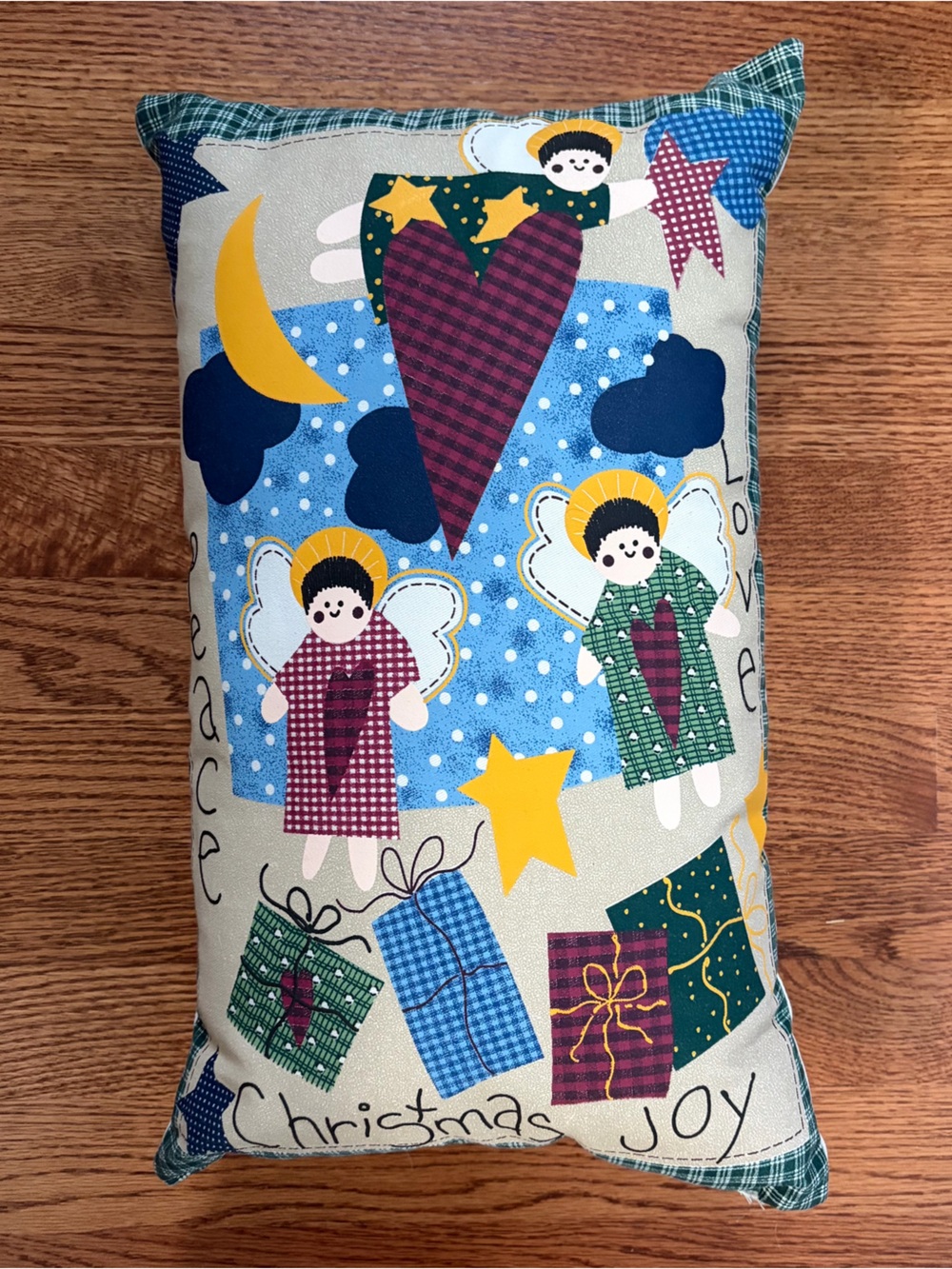 Vtg Leslie Beck Christmas Throw Pillow Cranston VIP Fabric Panel Folk Art Angel